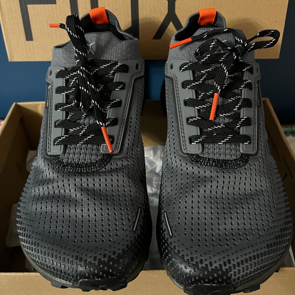 Gray, Olive and orange Athletic Trail Shoes with Mesh Upper